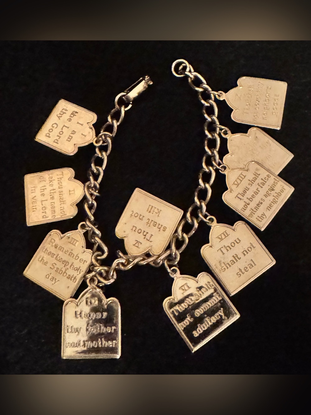 Vintage Ten Commandments Charm Bracelet in 
Gold-tone; 7”; Lightweight